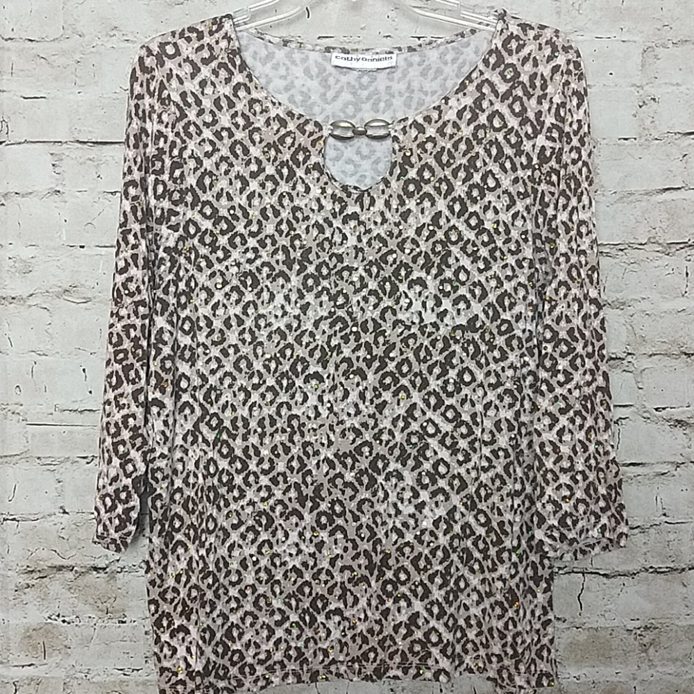 Cathy Daniels Leopard Print Blouse Size  XLarge Brown Three Quarter Sleeve EUC